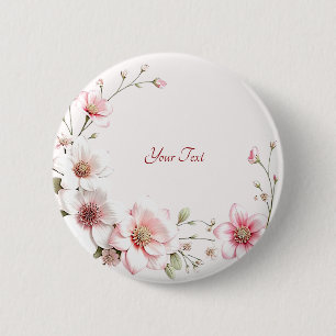 Bóton Redondo 5.08cm Botão Floral Branco Rosa Elegante