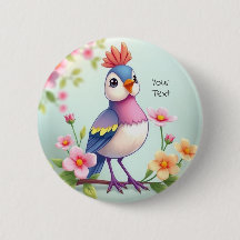 Botão Floral de Pássaro Azul Cor-de-Rosa Fofo