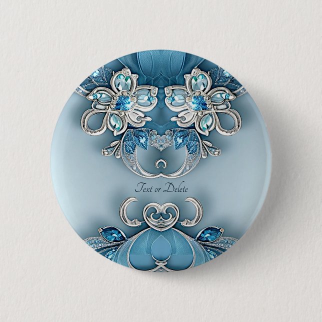 Bóton Redondo 5.08cm Botão Floral Ornamentado Azul (Frente)