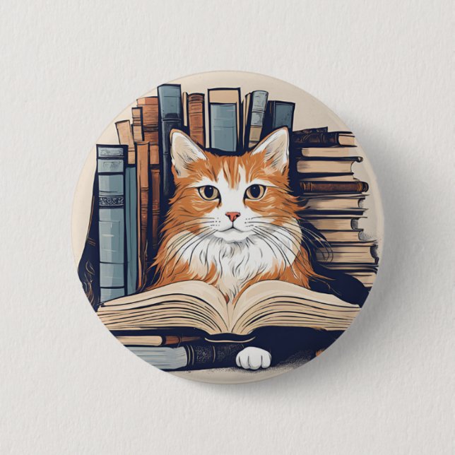 Bóton Redondo 5.08cm botão gatinho com Livros (Frente)