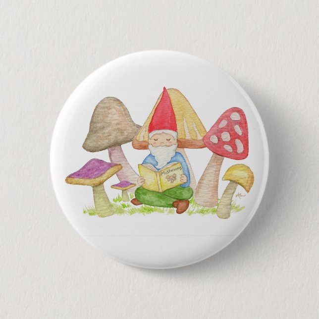 Bóton Redondo 5.08cm Botão Gnome com Livro de Mushroom (Frente)