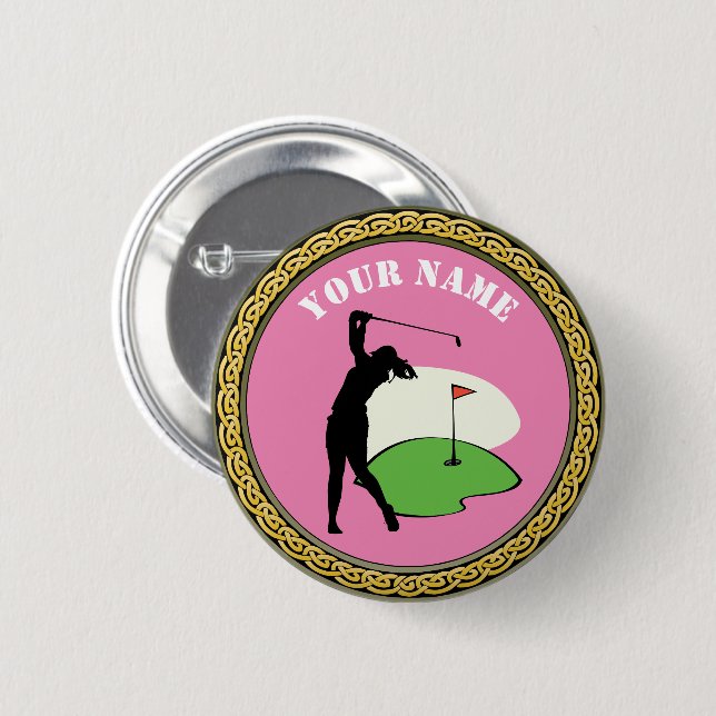Bóton Redondo 5.08cm Botão- Golf - Adicionar nome - rosa (Frente & Verso)