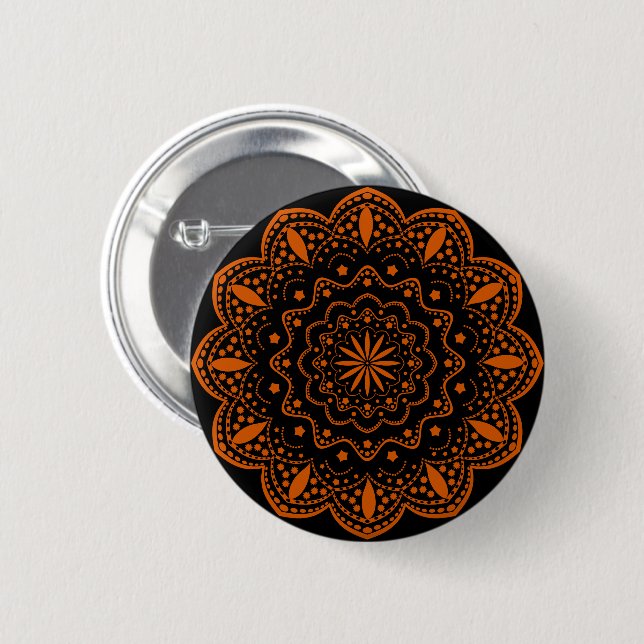 Bóton Redondo 5.08cm Botão Mandala | Preto e Laranja (Frente & Verso)