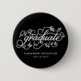 Bóton Redondo 5.08cm Botão Preto de Graduação de Script Floral Quiméric