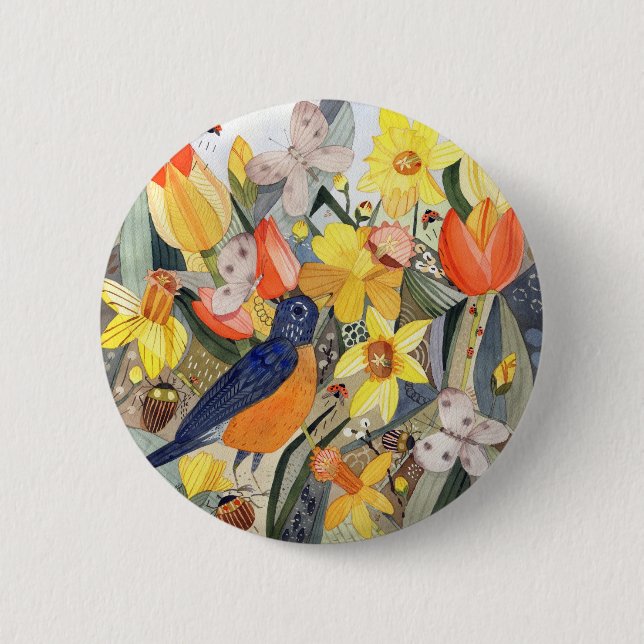 Bóton Redondo 5.08cm Botão Robin e Daffodils (Frente)