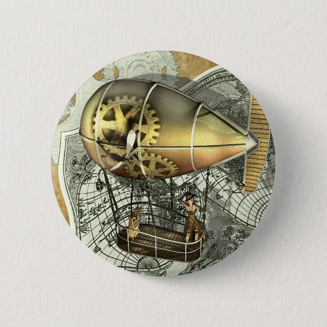 Bóton Redondo 5.08cm Botão Steampunk Dirigible Air Tour (Frente)