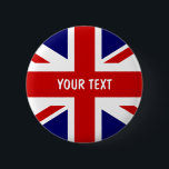 Bóton Redondo 5.08cm Botões de bandeira britânicos | Tomada de União Pe<br><div class="desc">Botões de bandeira britânicos | União Personalizada Jack. Ideia de presente mais barata para eventos partidários nacionais e reais. Cor vermelha inglesa,  branca e azul. Texto personalizável.</div>