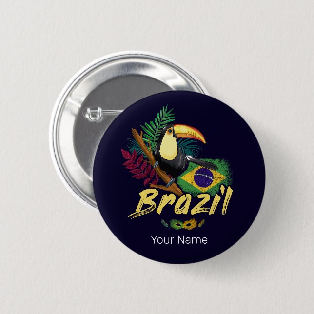 Bóton Redondo 5.08cm Brasil Vintage Toucan Bandeira Samba Souvenir (Frente & Verso)
