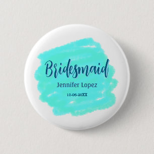 Bóton Redondo 5.08cm Bridesmaid azul verde aquarela adiciona nome data 