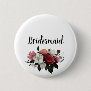 Bóton Redondo 5.08cm Bridesmaid da Borgonha Elegante e Flores Rosa