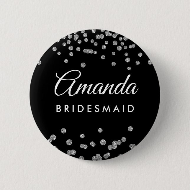 Bóton Redondo 5.08cm Bridesmaid Favor da Prata Luminter Confetti Preto (Frente)