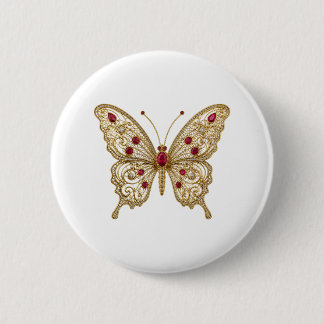 Bóton Redondo 5.08cm Broche Borboleta em Filigrana Vermelho Rubi Dourad