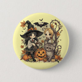 Bóton Redondo 5.08cm Bruxinhas Kawaii com Gatinho e Abóboras