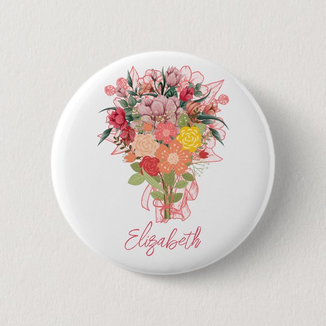 Bóton Redondo 5.08cm Buquê de Flores Rosa Personalizado (Frente)
