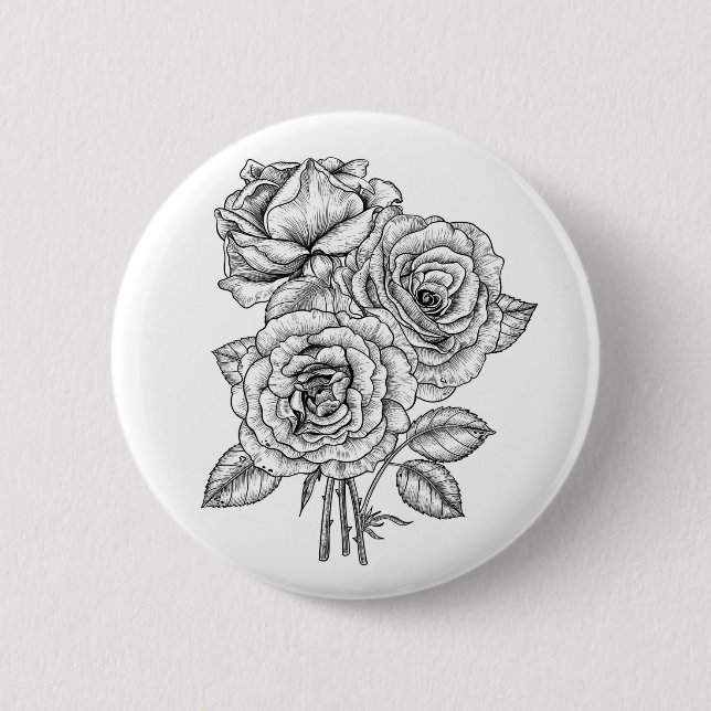 Bóton Redondo 5.08cm Buquê de rosas em preto e branco (Frente)