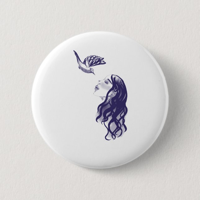 Bóton Redondo 5.08cm Button Fantasie - Frau und Vogel  (Frente)