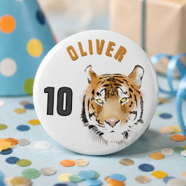 Bóton Redondo 5.08cm Cabeça de Tigre Aquarela Nome Idade Aniversário