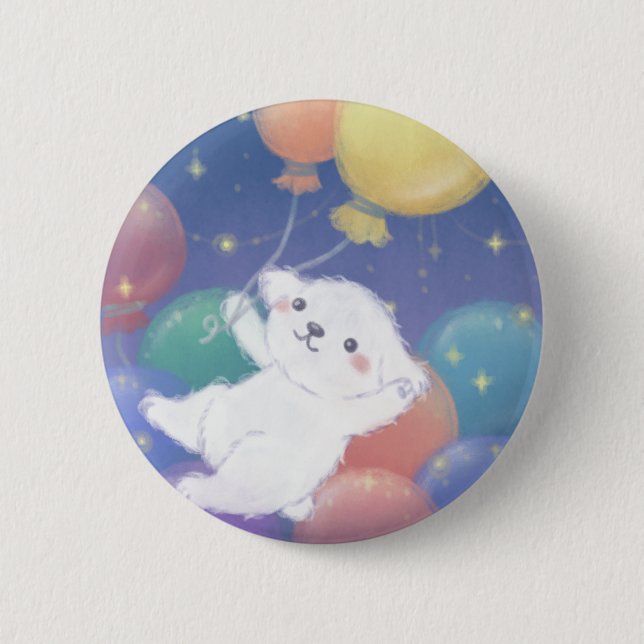 Bóton Redondo 5.08cm Cachorrinho Fofo com Balões & Estrelas (Frente)