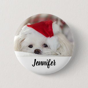 Bóton Redondo 5.08cm Cachorro Branco giro em chapéu vermelho de Natal