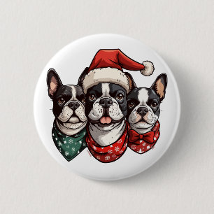 Bóton Redondo 5.08cm Cães de Natal em Boston Terrier