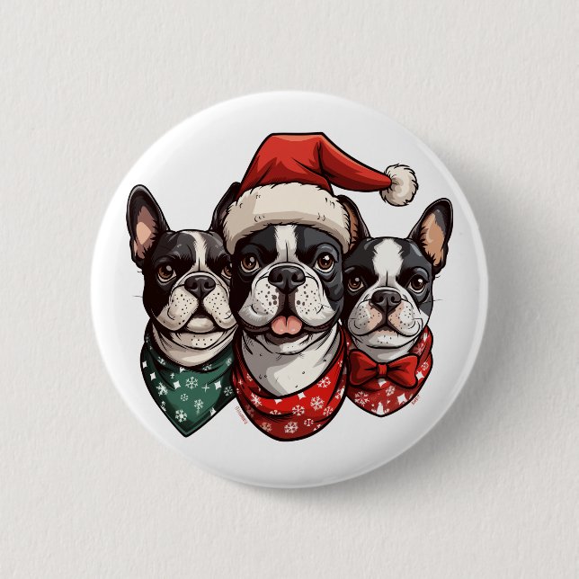 Bóton Redondo 5.08cm Cães de Natal em Boston Terrier (Frente)
