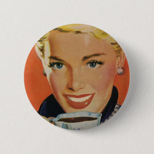 Bóton Redondo 5.08cm Café Vintage, Mulher Feliz com Xícara de Café Retr