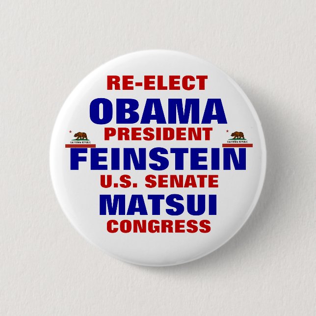 Bóton Redondo 5.08cm Califórnia para Obama Feinstein Matsui (Frente)
