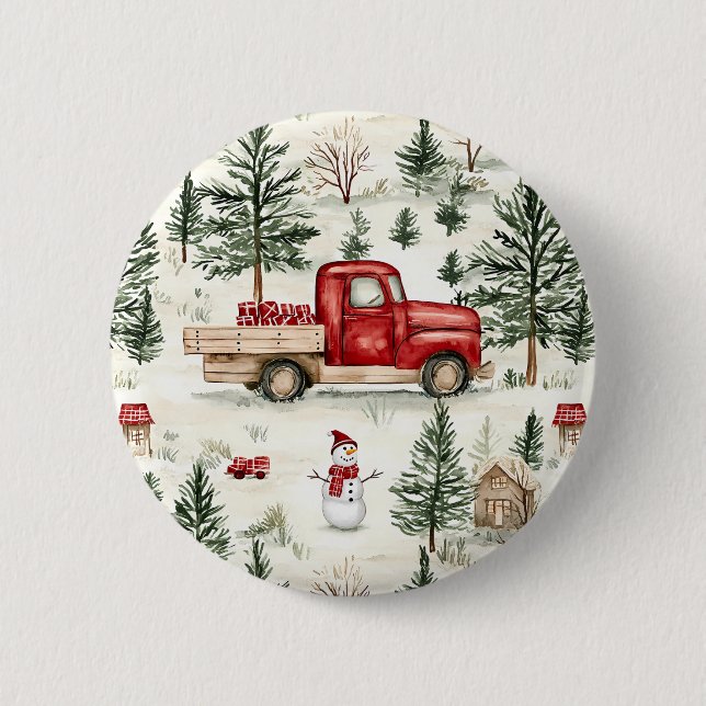 Bóton Redondo 5.08cm Caminhão Vermelho com presentes e boneco de neve (Frente)