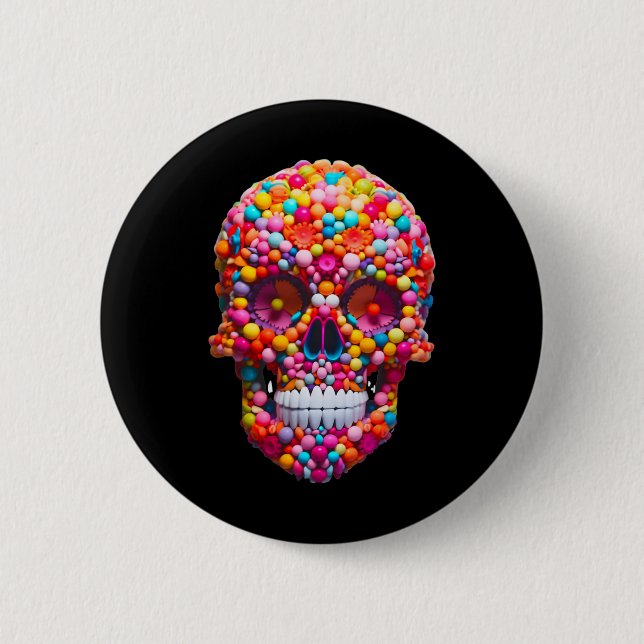 Bóton Redondo 5.08cm Candy Skull Bala Bubblegum Esqueleto Doces de Hall (Frente)