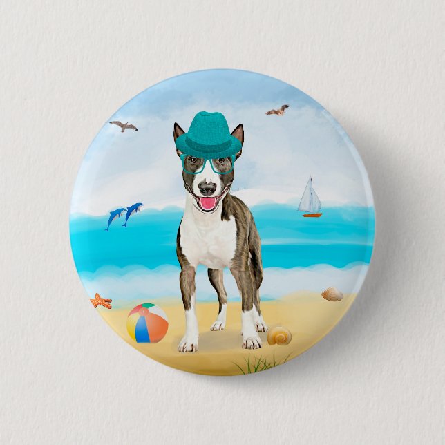 Bóton Redondo 5.08cm Cão Bull Terrier na Praia (Frente)