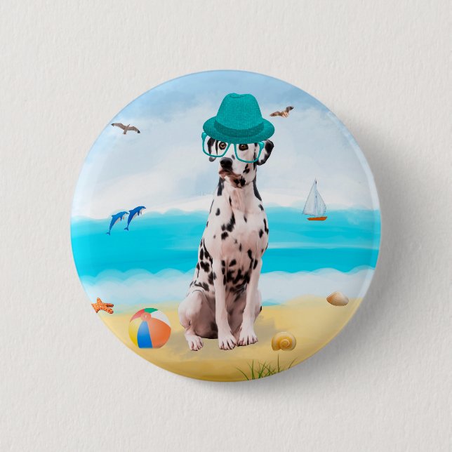 Bóton Redondo 5.08cm Cão Dalmata na Praia (Frente)