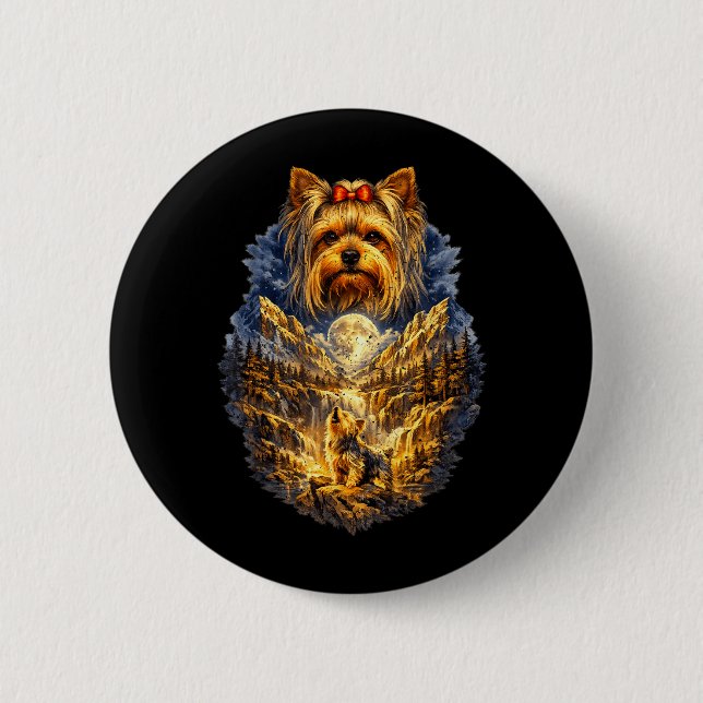Bóton Redondo 5.08cm Cão Yorkshire Terrier Natureza Uivando para a Lua (Frente)