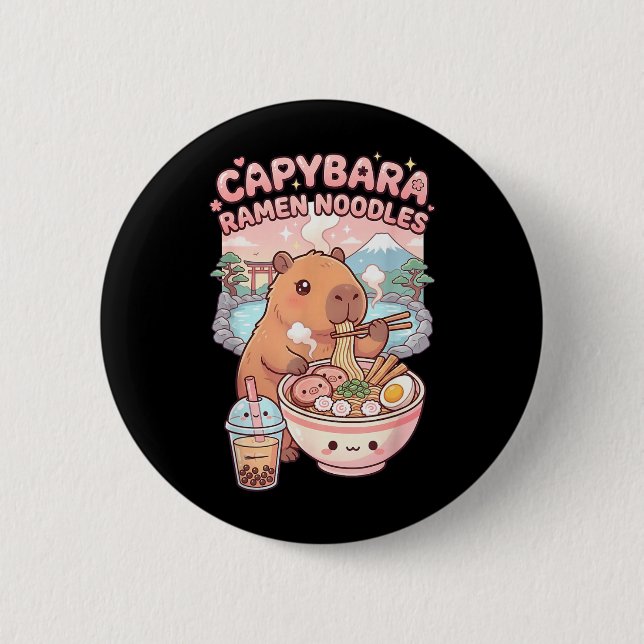 Bóton Redondo 5.08cm Capivara Engraçada Comendo Macarrão Ramen Kawaii (Frente)