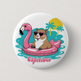 Bóton Redondo 5.08cm Capivara Estilosa no Verão com Boia Rosa