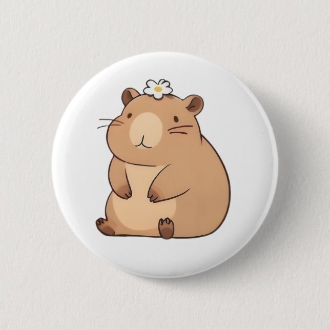 Bóton Redondo 5.08cm Capivara Fofa com Design Kawaii de Flor Margarida (Frente)