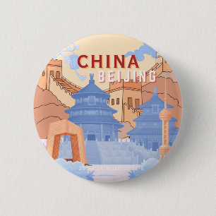 Bóton Redondo 5.08cm Cartaz de Viagem de Pequim China Azul Pastel e P