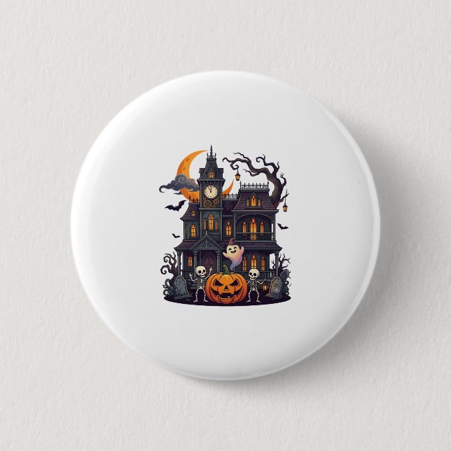 Bóton Redondo 5.08cm Casa Assombrada de Halloween Esqueletos Abóbora Fa (Frente)