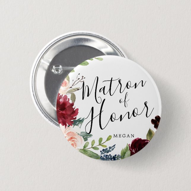 Bóton Redondo 5.08cm Casamento Personalizado do Buquê Honor Burgundy (Frente & Verso)