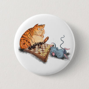 Bóton Redondo 5.08cm Cat and Mouse Playing Chess Cartoon Drawing Funny