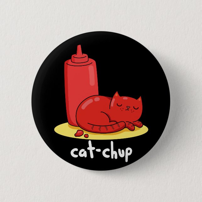 Bóton Redondo 5.08cm Cat Chup Engraçado Red Ketchup Cat Pun Dark BG (Frente)