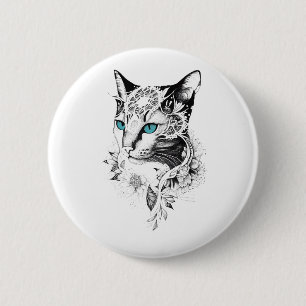 Bóton Redondo 5.08cm Cat Pet Animal Nature Ilustração Arte Tatuagem