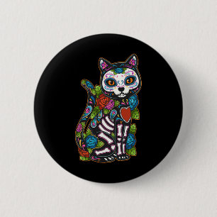 Bóton Redondo 5.08cm Cat Sugar Skull México Calavera Dia De Los Muertos