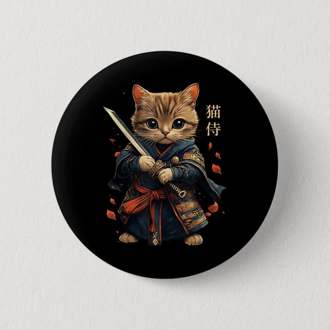 Bóton Redondo 5.08cm Cat Warrior Japonês Samurai Cat Tattoo Kawaii Nin (Frente)