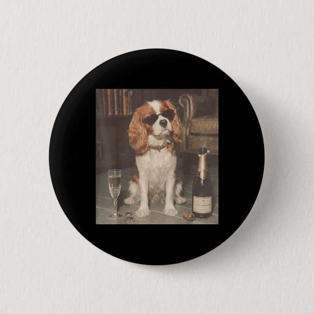 Bóton Redondo 5.08cm Cavalier King Charles Bebendo Champanhe Engraçado (Frente)