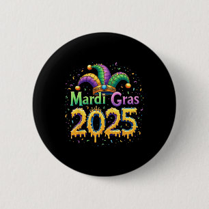 Bóton Redondo 5.08cm Celebração de Mardi Gras 2025, Máscara Penas Mardi
