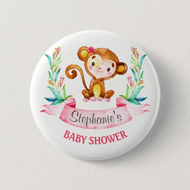 Bóton Redondo 5.08cm Chá de fraldas De Macaco De Aquarela (Frente)