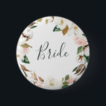 Bóton Redondo 5.08cm Chá de panela Elegante Magnolia Bride<br><div class="desc">Este elegante botão de chá de panela de noiva magnólia é perfeito para um chá de casamento moderno. O design floral suave apresenta coloração aquosa,  cor-de-rosa pincelada,  impressionantes flores brancas de magnólia e algodão,  com ouro e folhas verdes,  num arranjo luxuoso.</div>