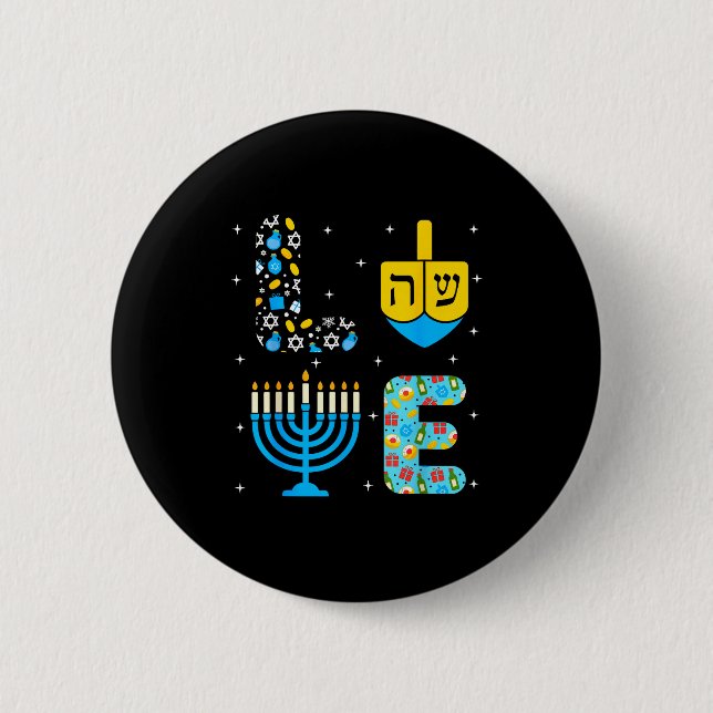 Bóton Redondo 5.08cm Chanukah Menorah Dreidel Icons Hanukkah Love Celeb (Frente)