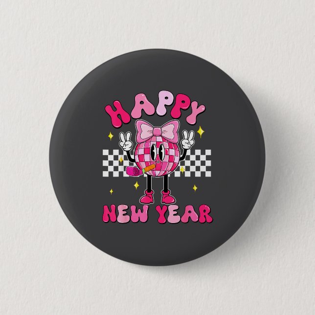 Bóton Redondo 5.08cm Checkered Happy New Year 2026 Disco Ball New Year  (Frente)