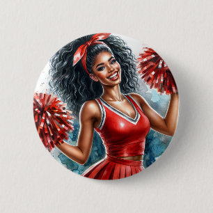Bóton Redondo 5.08cm Cheerleader Africano-Americano Na Red Watercolor